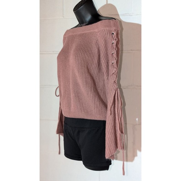 Polly & Esther Off Shoulder Knit Sweater Lace Up Bell Sleeve Pullover Top Small - Picture 2 of 5
